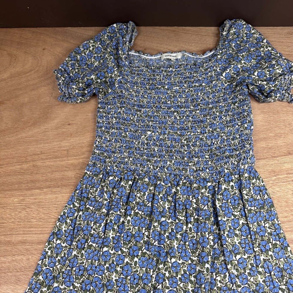 Max Studio Floral Smocked Maxi Dress Blue Cottagecore Puff Sleeve Women S - Picture 2 of 5